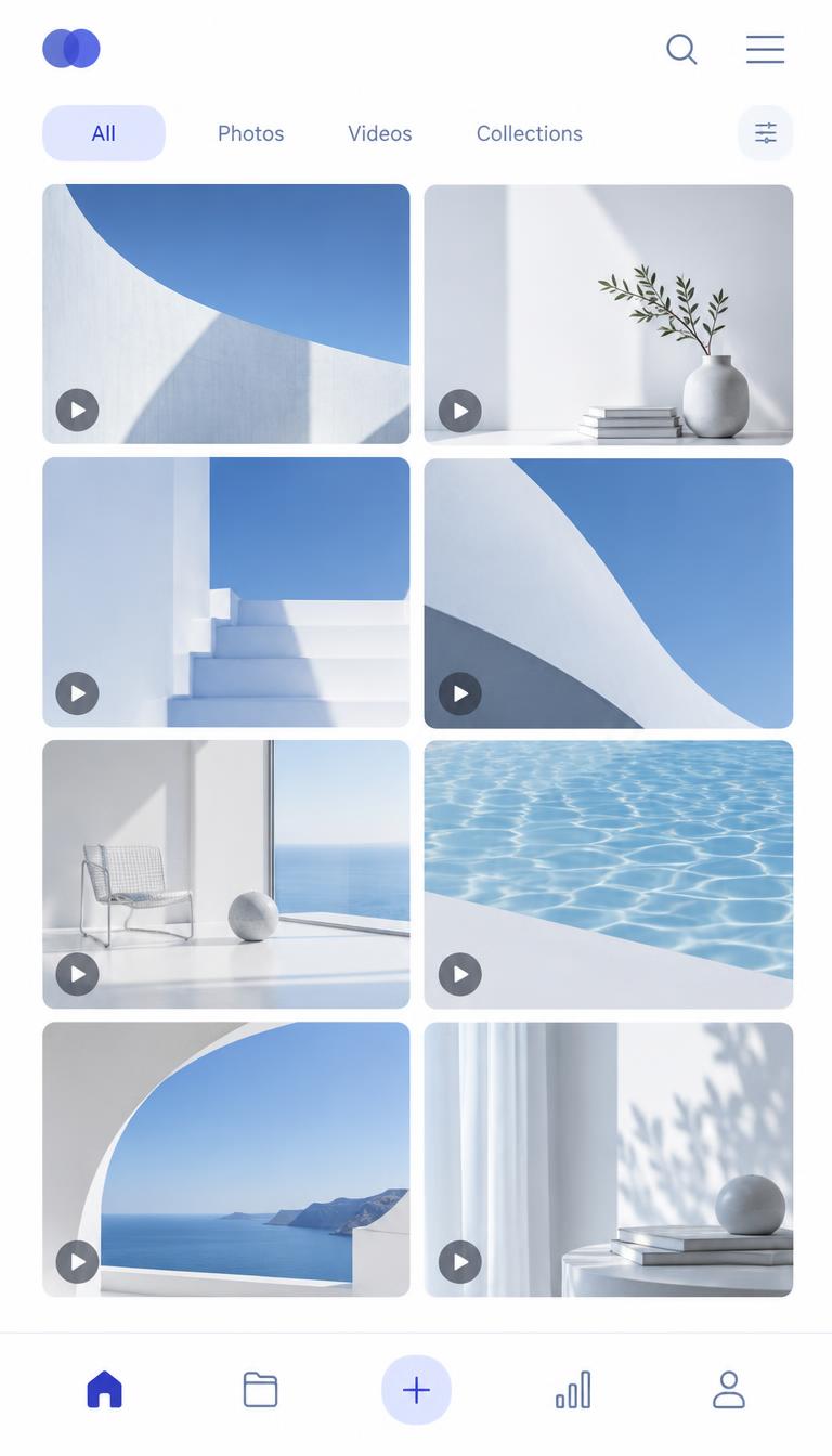 Bright white and blue content library interface with vertical video thumbnails