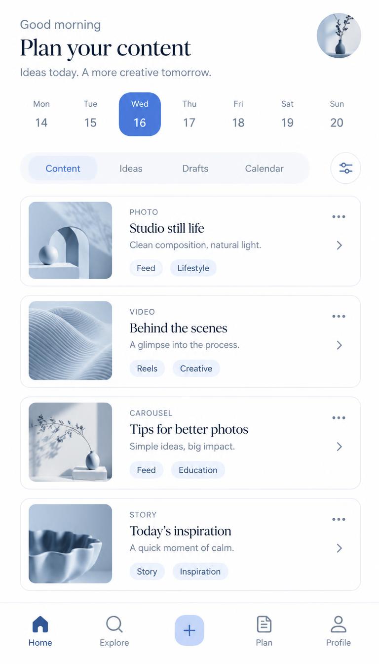 Light-mode creator planner with clean white cards and blue accents